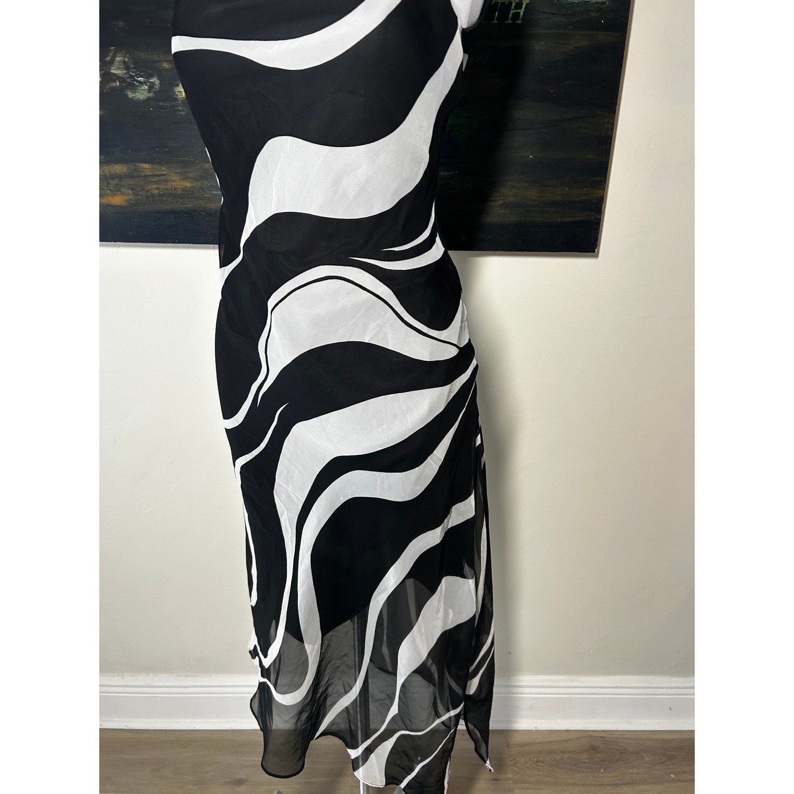 Vintage Breakin’ Loose Midi Dress Size 10 Black White Abstract Cowl Neck Y2K