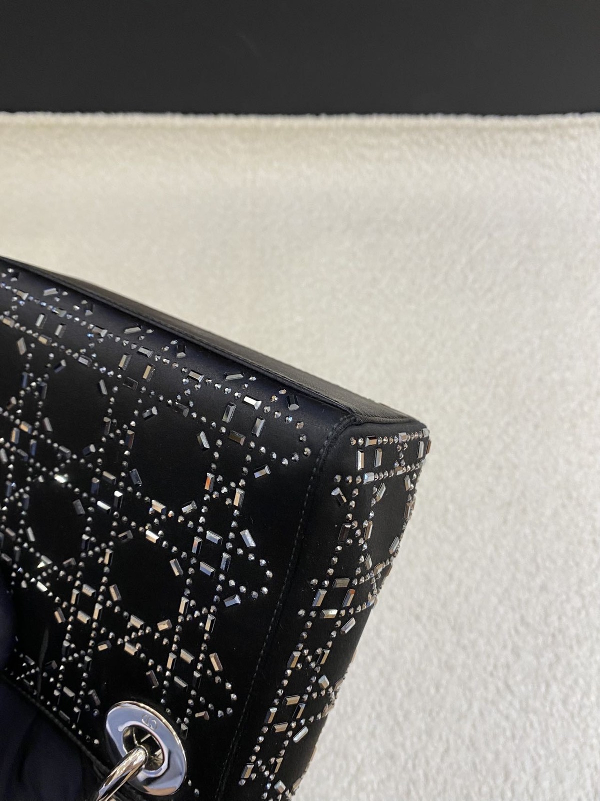Dior Lady Dior Mini Black Satin Rhinestone 3-Grid Top Handle Bag Duty Paid