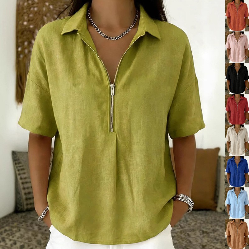 NEW Womens Fashion Solid-color Zip-up Short-sleeve T-shirt Sizes S-3XL