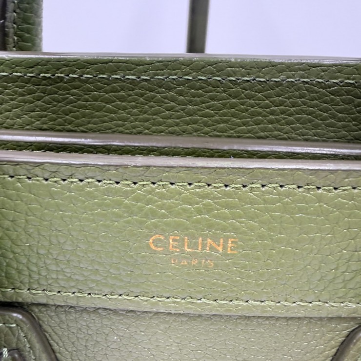CELINE Luggage Nano Shopper Hand Bag Green Leather Gold Tone