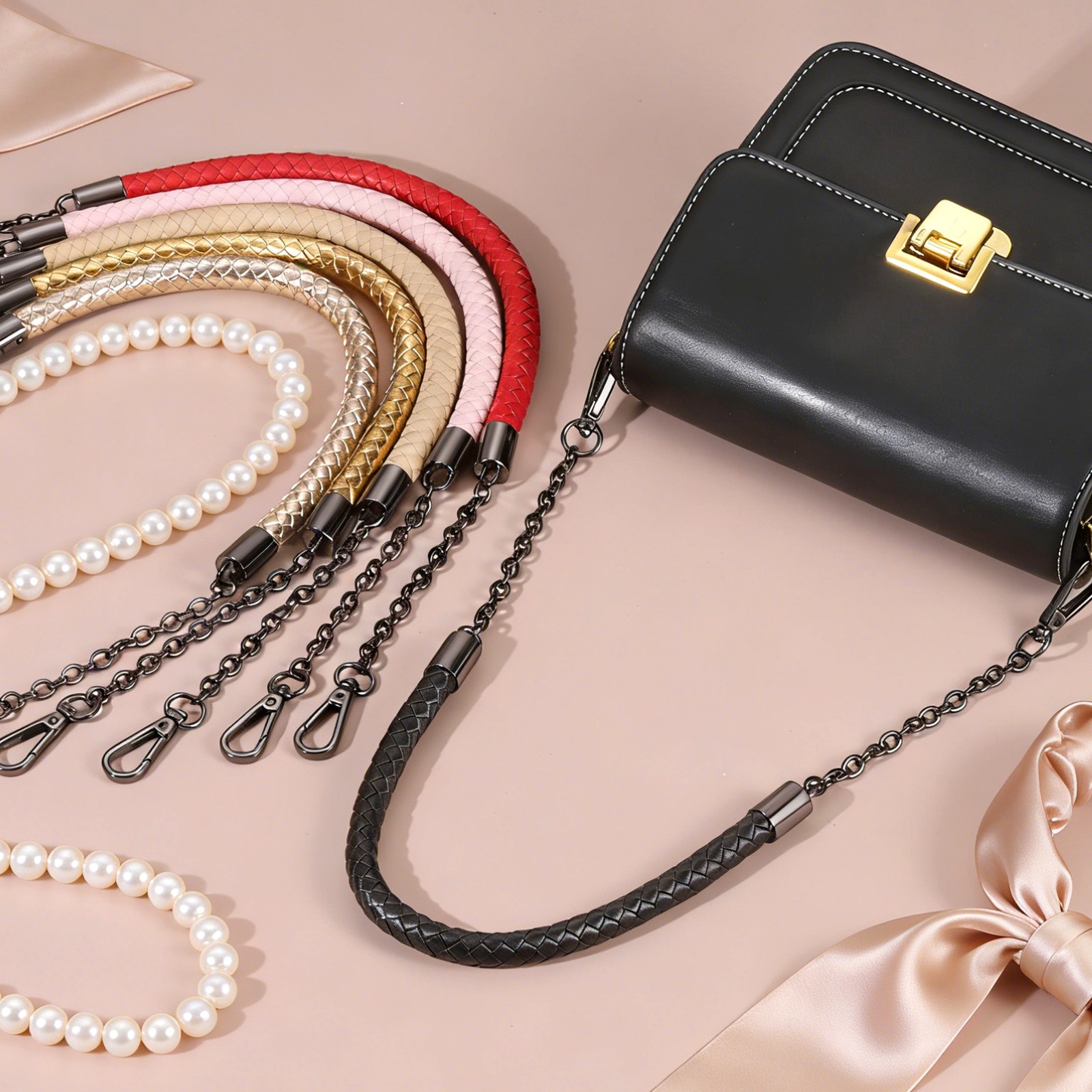 62cm/24.4″ PU Leather Braided Purse Strap Silver, Black Buckle