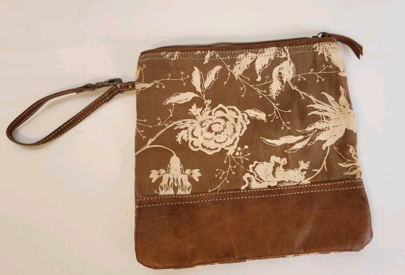 Myra Bag Handmade Starlit Pouch Upcycled Canvas & Cowhide Leather Wristlet 10.25