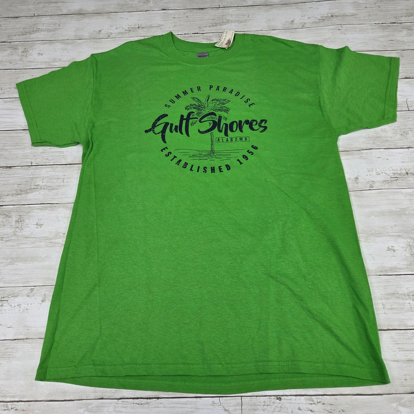 Gildan T-Shirt Men Large Green Gulf Shores Alabama Summer Paradise Graphic Tee