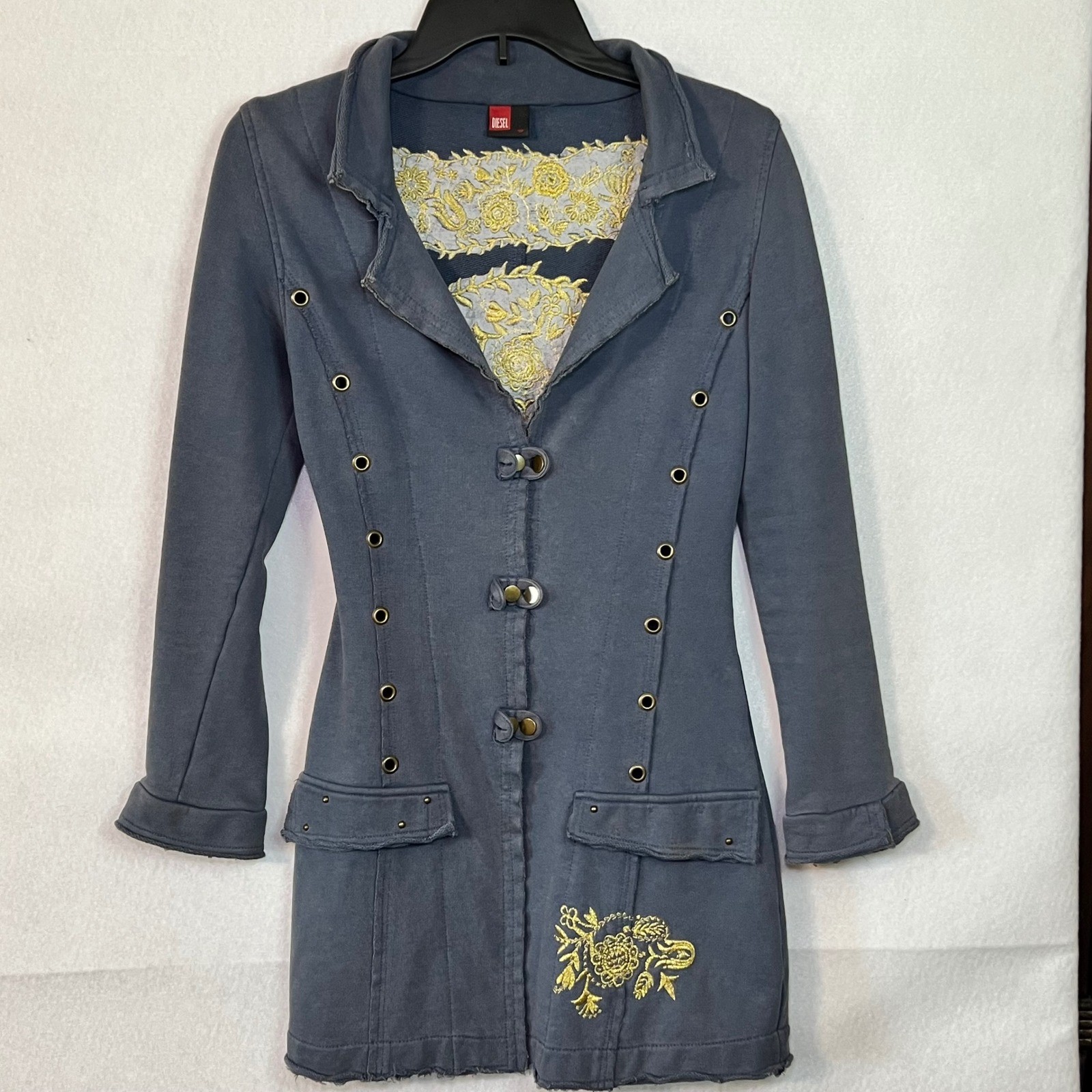 RARE Vintage Diesel Women’s Grey Embroidered Longline Military-style Jacket XS