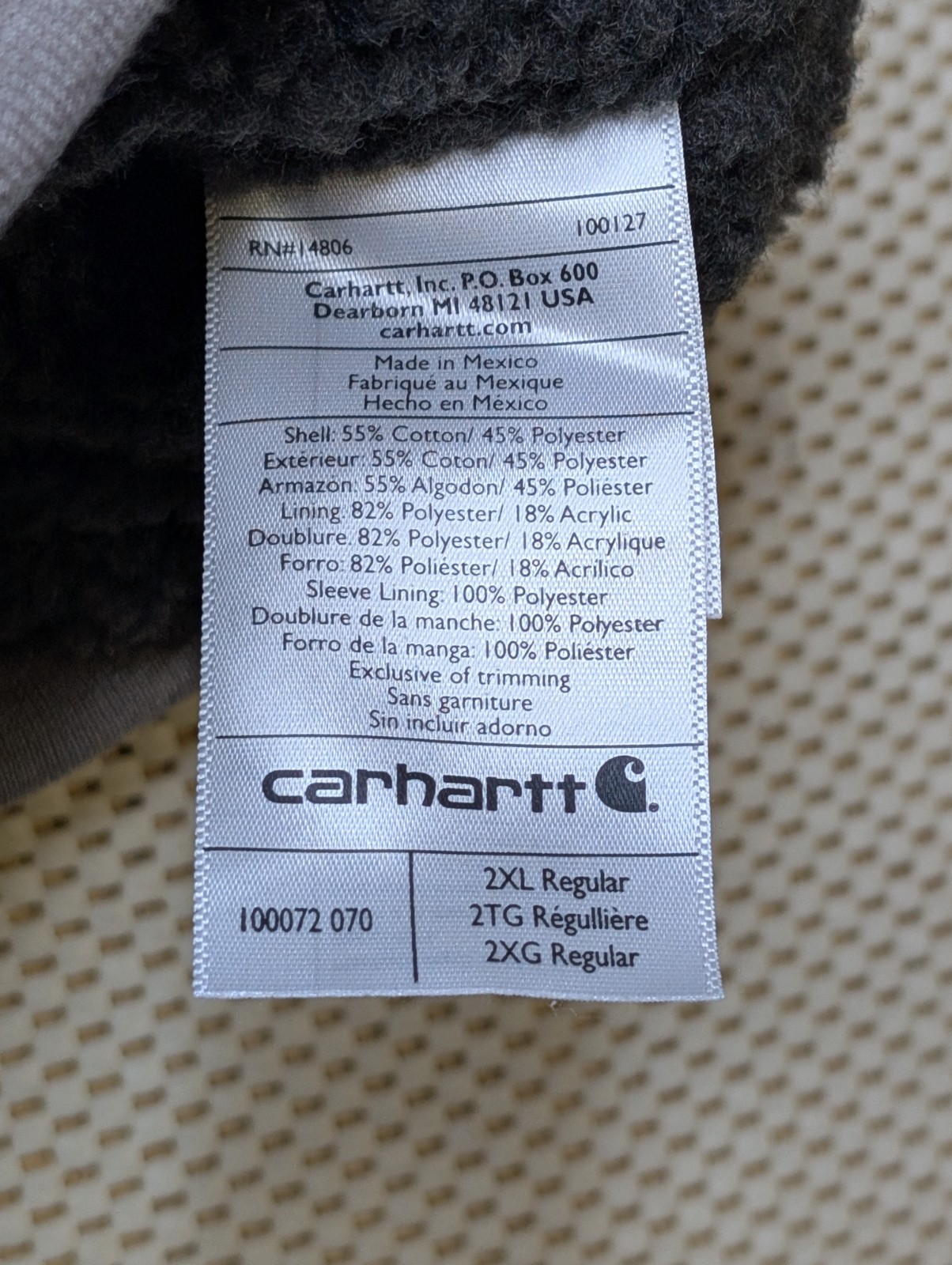 Carhartt Men’s 2 XL Gray Sharpa Lined Heavy Full Zip Hoodie 100072 070