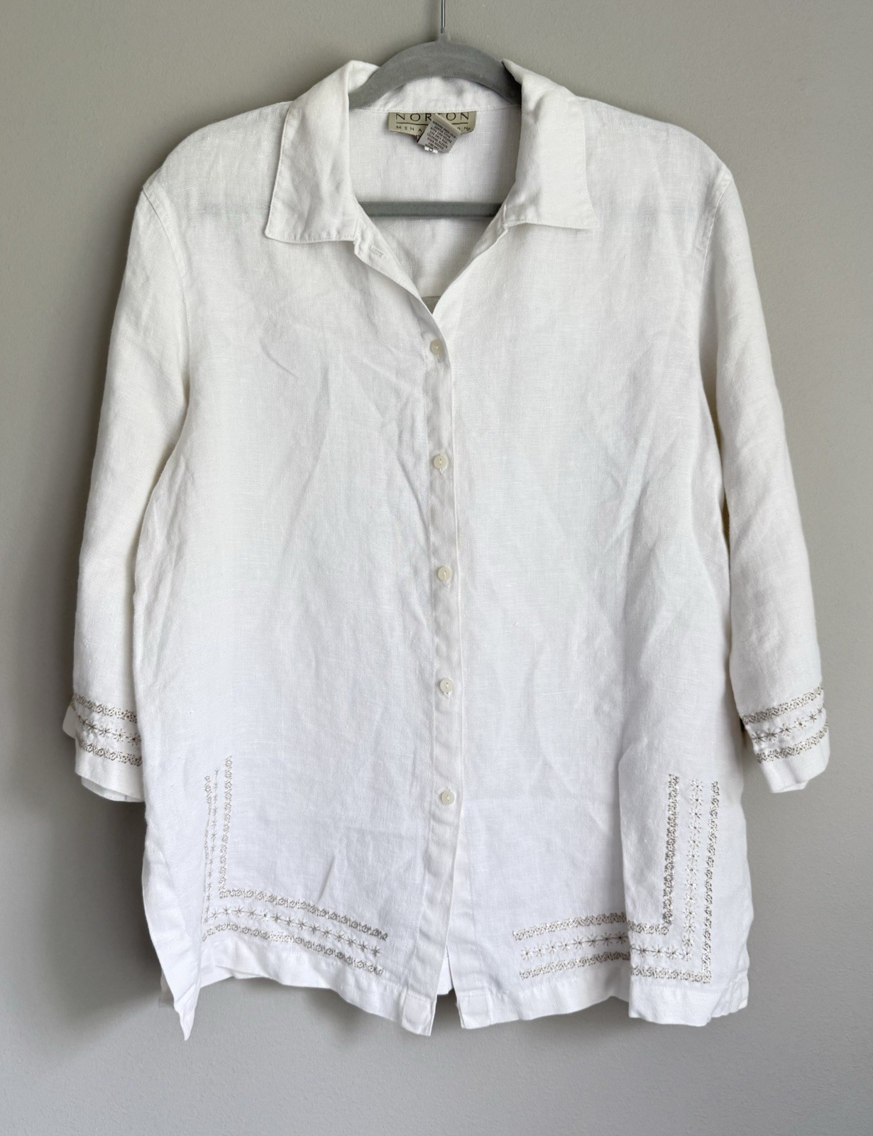 Women’s 3/4 Sleeve Norton McNaughton White Linen Button Shirt Embroidery Sz M