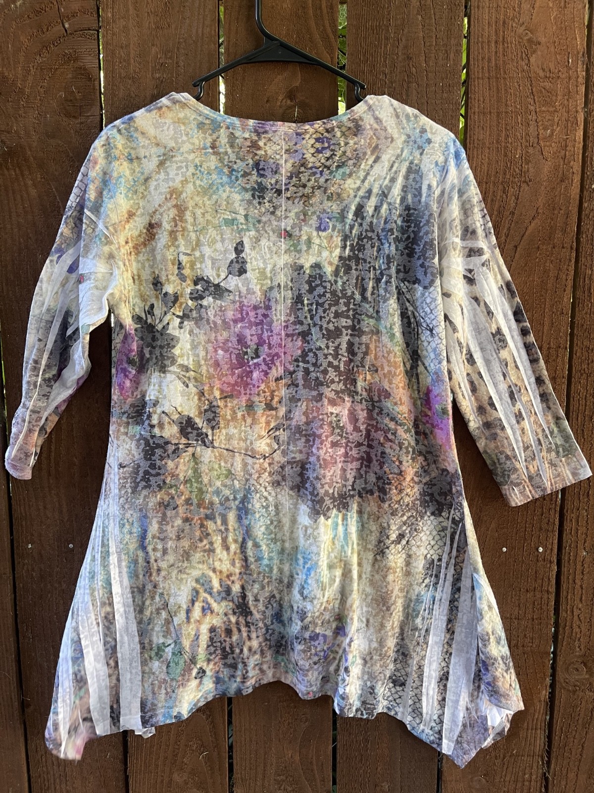 Jess & Jane Asymmetrical Abstract Floral Print Semi Sheer Sequin Tunic Top Sz S