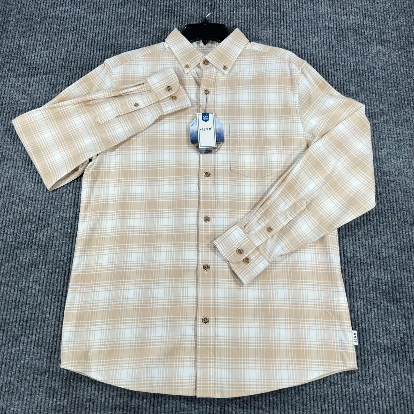 Rowm Shirt Mens Medium Beige Plaid Long Sleeve Button Down Casual Comfort New