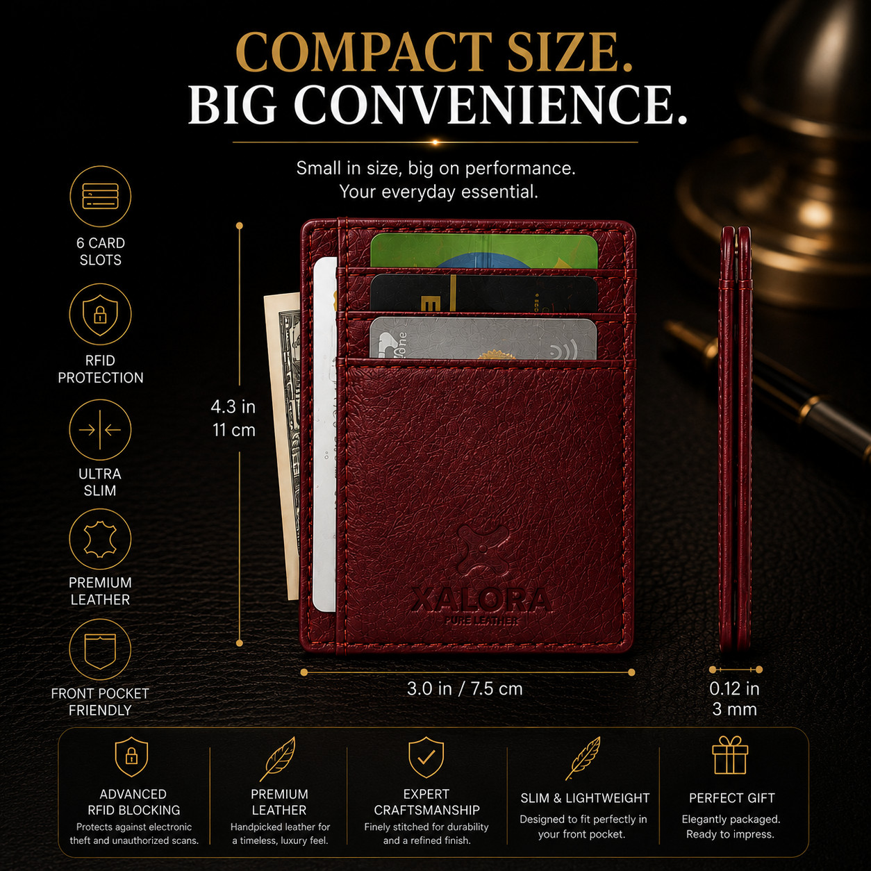XALORA Slim Leather Wallet RFID Blocking Minimalist Front Pocket Card Holder