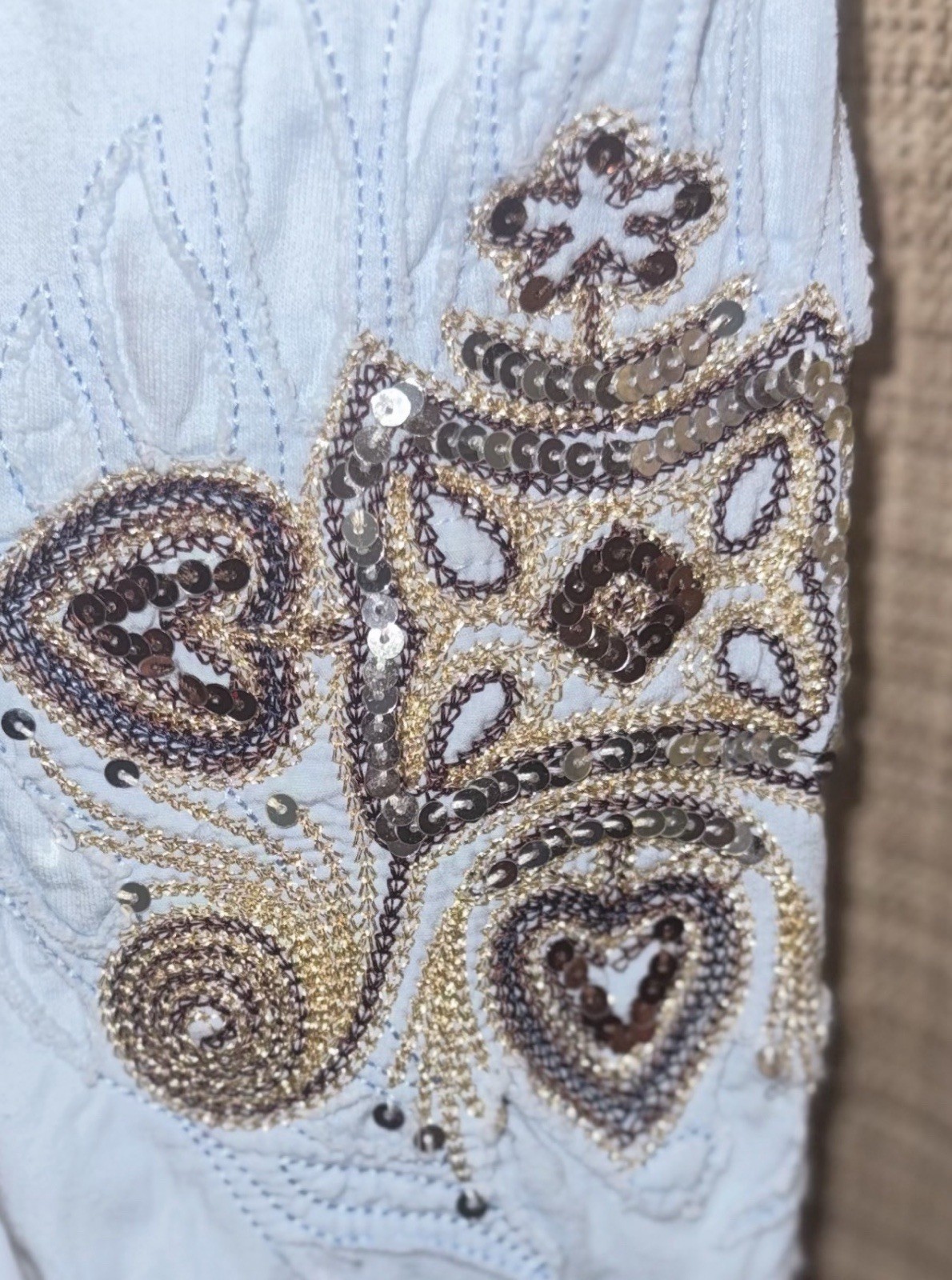 Tokyo Light Blue Cargo Pants Denim 100% Cotton Embroidery Sequins Size Small