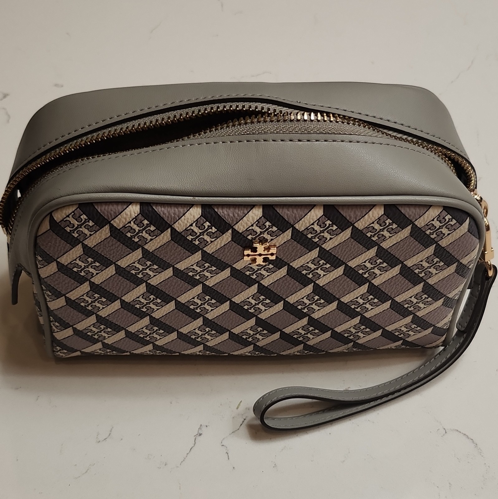 Tory Burch Geometric Logo Zip Wristlet Pouch Medium, Wrist Strap, Pockets