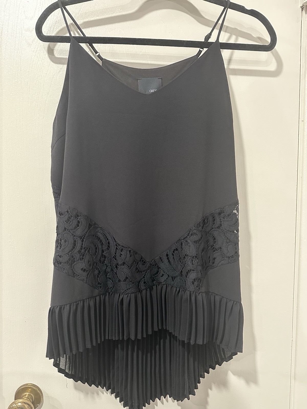 GREYLIN Black Lace V-Neck Cami Tank Top Pleated Hem Adjustable Straps Size M