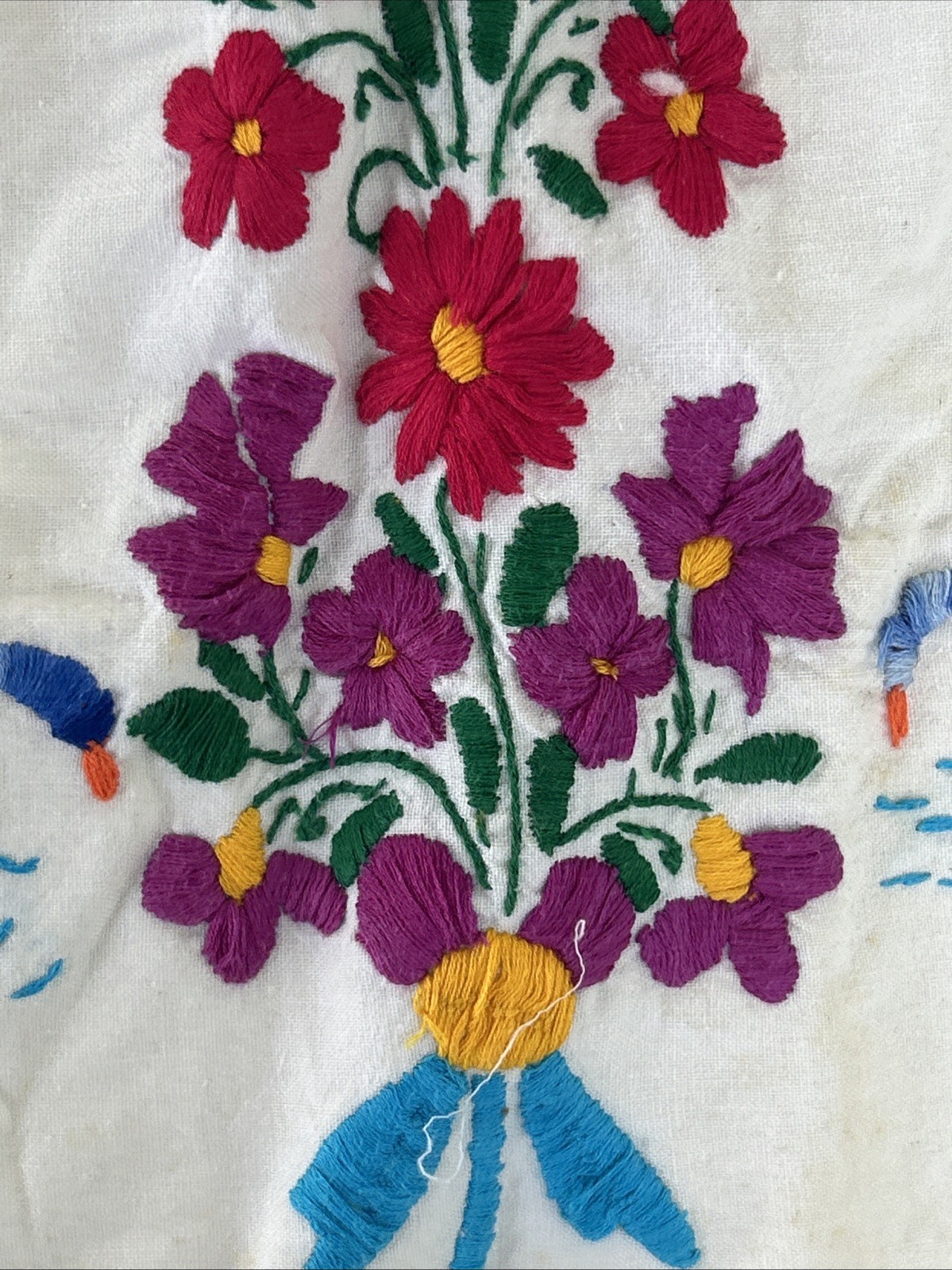 Vintage Mexican Embroidered Blouse Handmade Folk Art Floral Birds Peasant Tunic