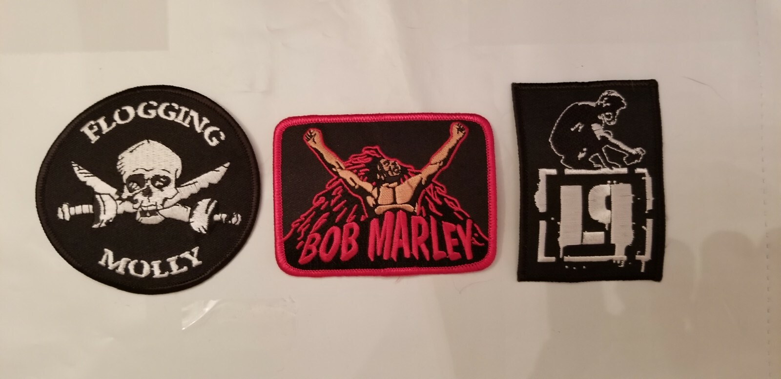 PATCH – SEW/IRON ON -FLOGGING MOLLY, BOB MARLEY, LINKIN PARK -3 PK-SIZES VARIES