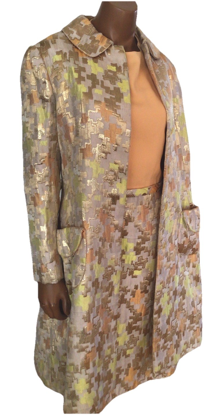Vintage Gino Charles Brocade “Jackie O” Style Dress & Long Jacket Suit Gold 8