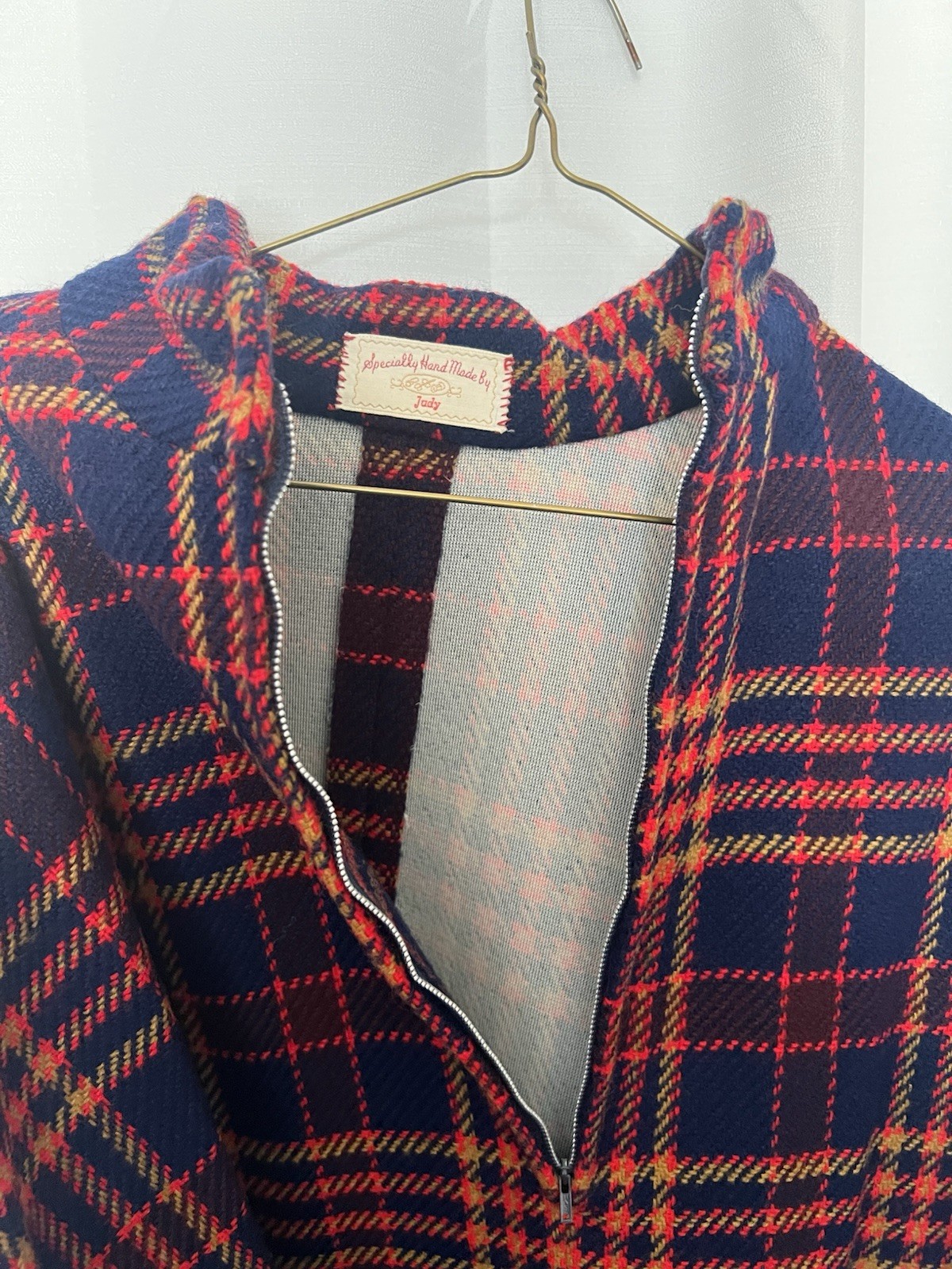 Vintage Handmade Women’s Red Navy Plaid Fringe Trim Poncho Cape