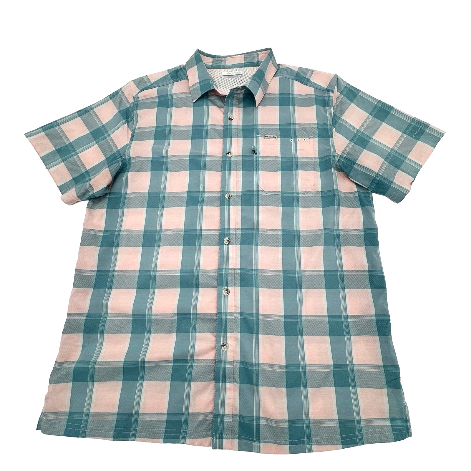 Columbia PFG Super Slack Tide Shirt Mens M Teal Pink Plaid Omni Shade