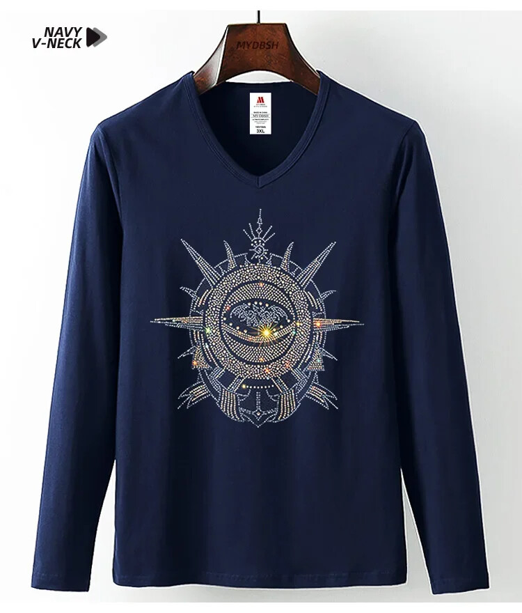 Fashion Trend Stone Rhinestones Streetwear Long Sleeve Luxury Men V-Neck T-Shirt