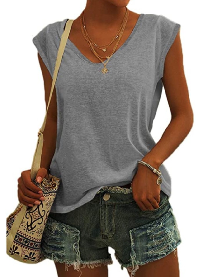 NEW Women’s Solid Color V-Neck Cap Sleeve Loose T-Shirt Sizes S-XS