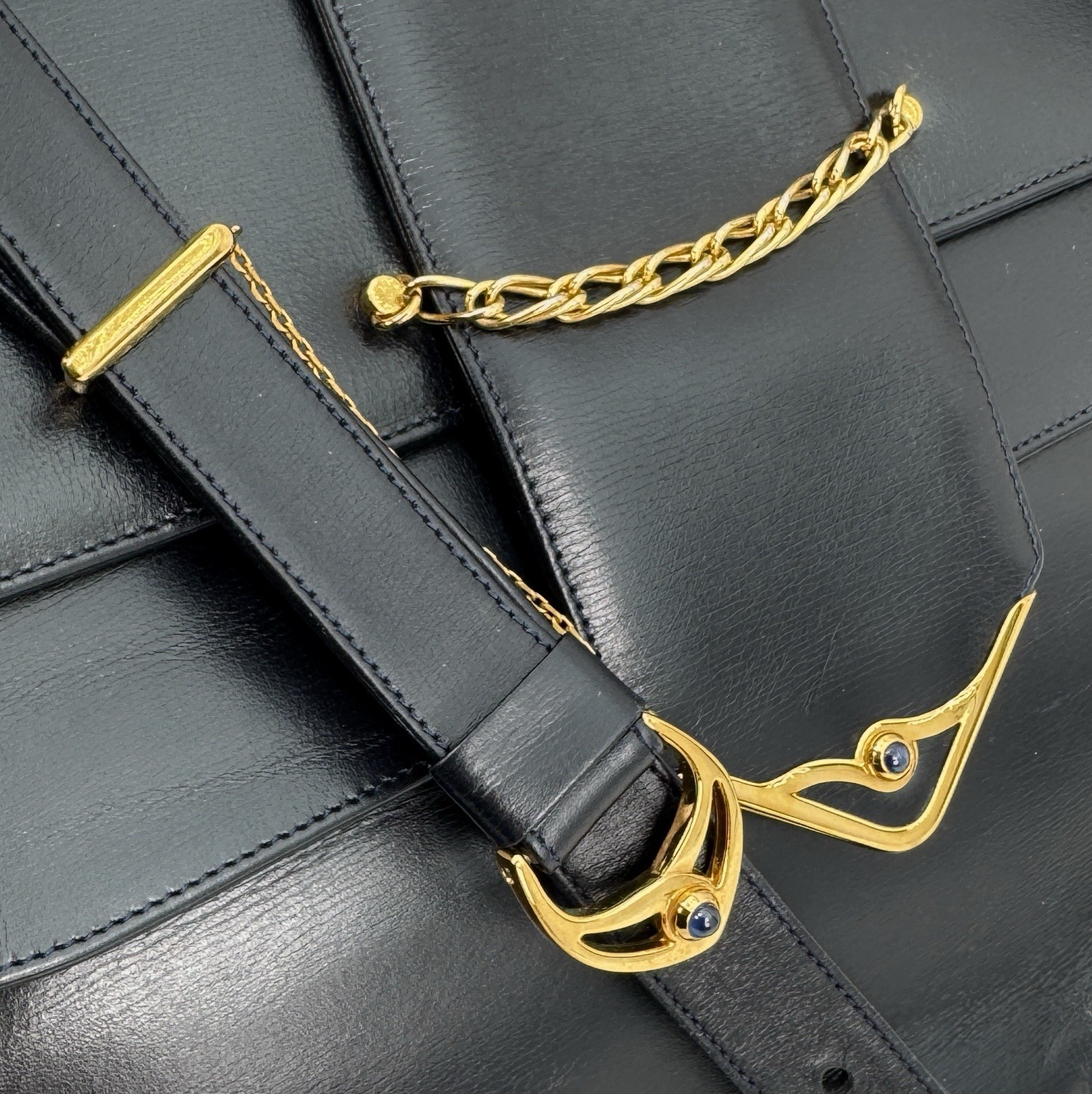Cartier Sapphire Shoulder Bag Leather Black Gold Authentic