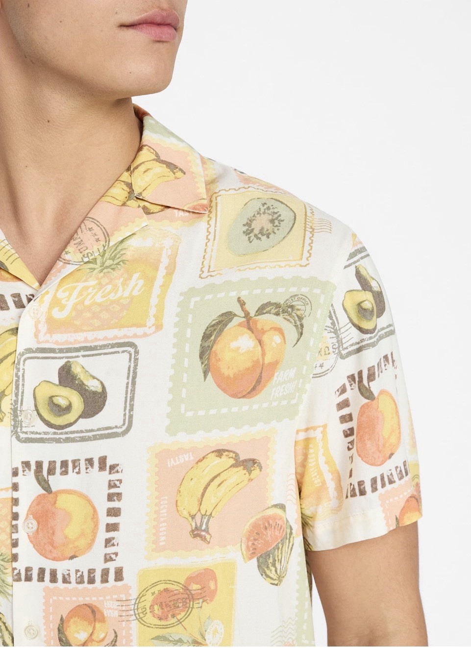 No Boundaries Rayon Shirt with Short Sleeves, Fruit Stamp.