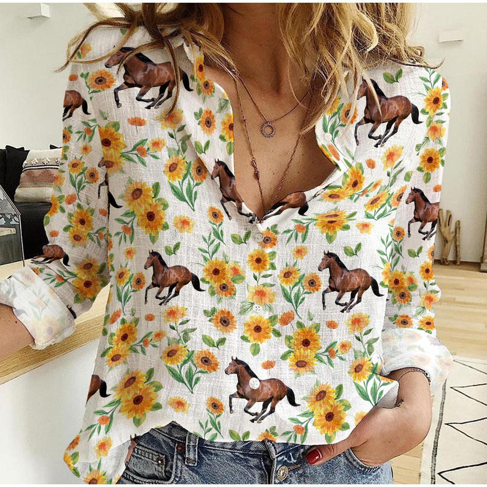 Horse Blouse Shirt Sunflower Pattern Horse Casual Shirt Horse Women Blouses