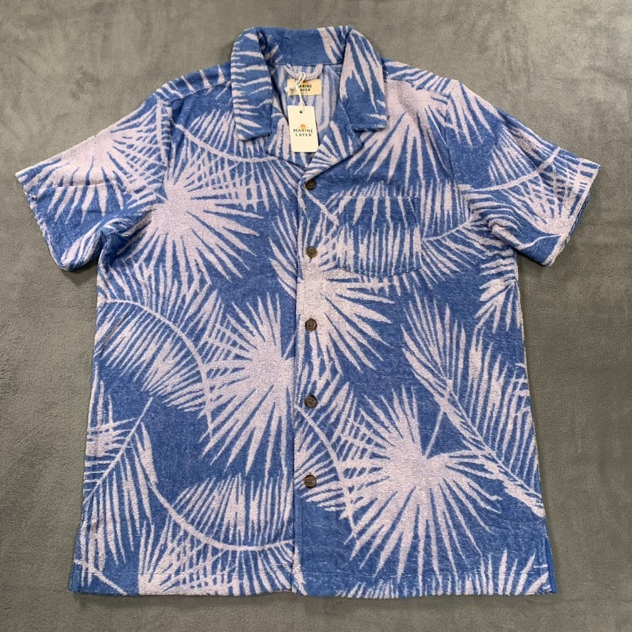 Marine Layer Shirt Men Medium Terry Cloth Jacquard Resort Blue Palm Floral NEW