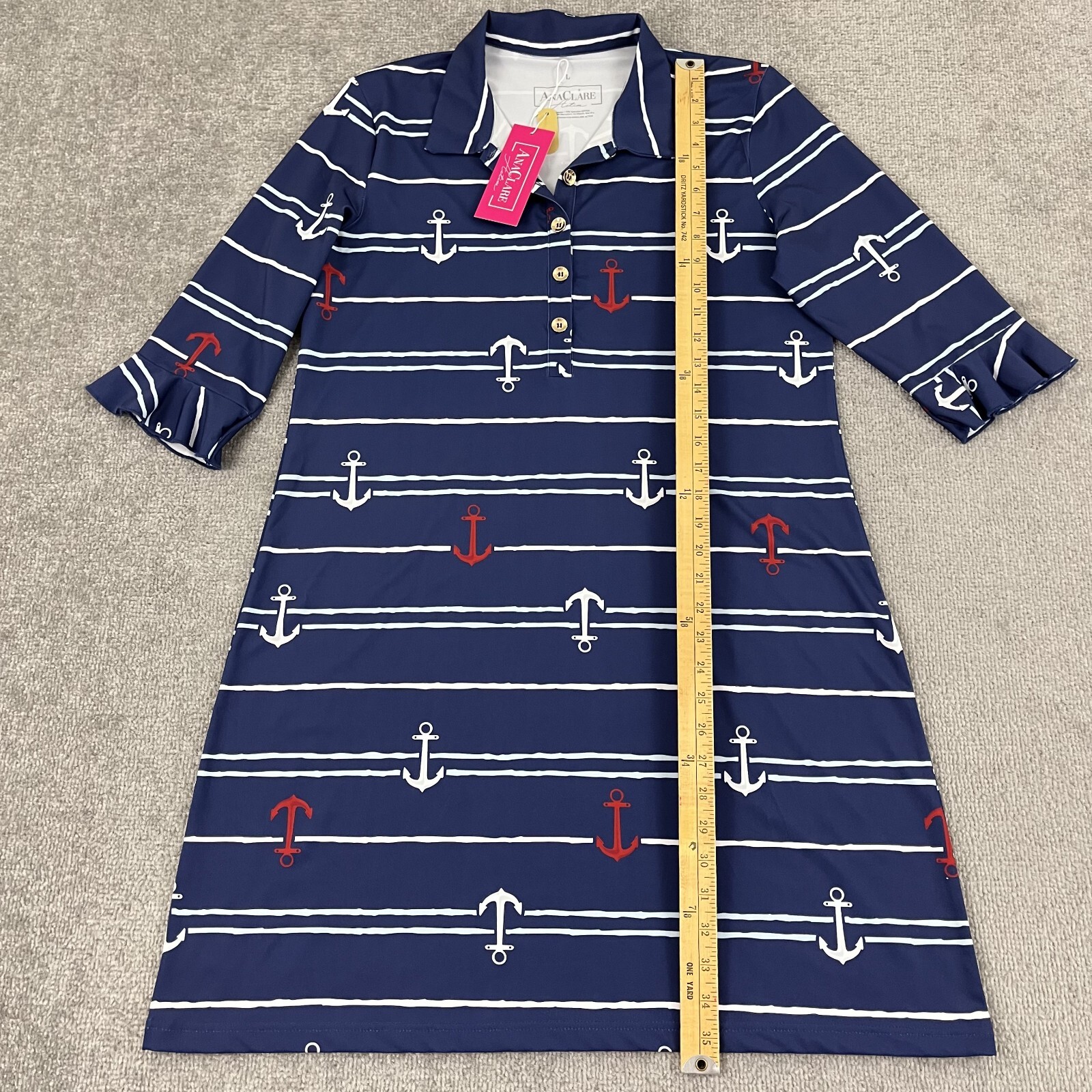 Ana Clare Marin Dress Womens Large Anchored Nautical Active Stretch Preppy NEW