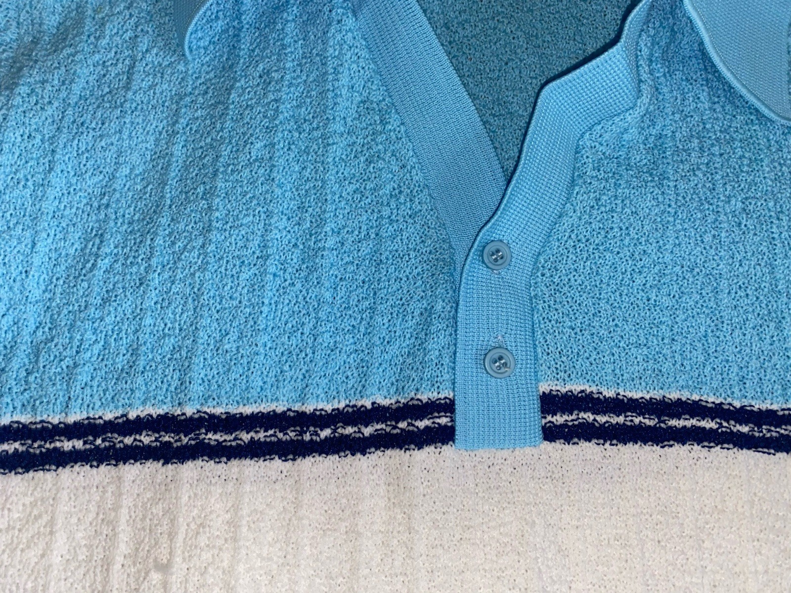 Vintage 60’s Continental Textured Knit Polo Shirt Size Large White / Blue
