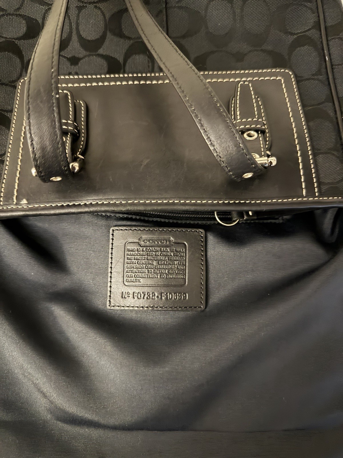 Coach Black Signature Zip Tote Shoulder Bag Silver Hardware Hang Tag Pockets