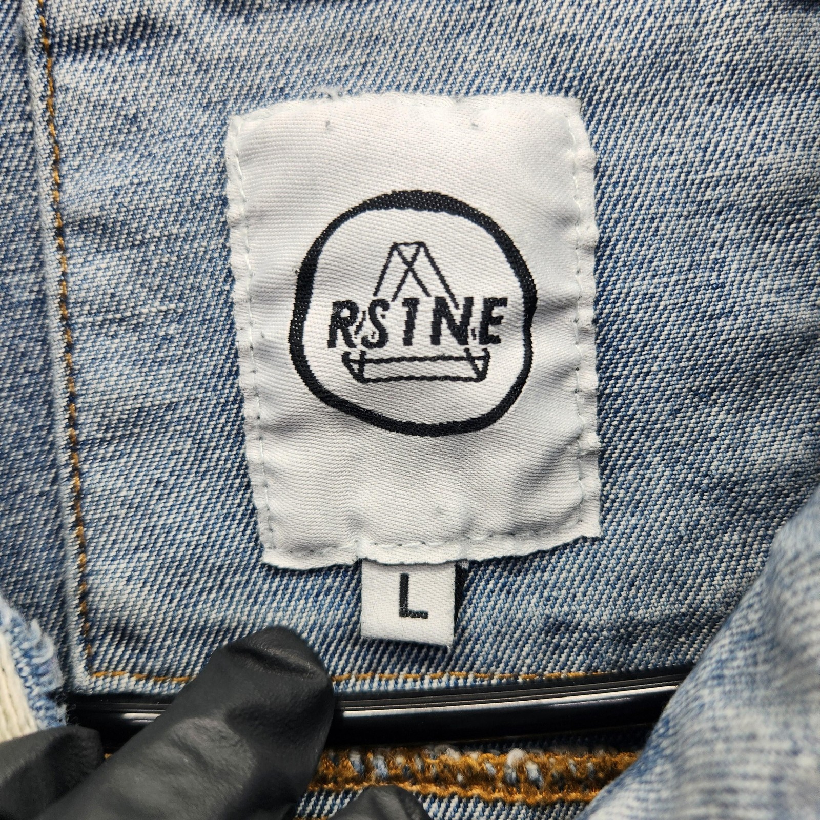 RSTNE Jacket Mens Large Blue Denim Distressed Paint Splatter Ripped Studded