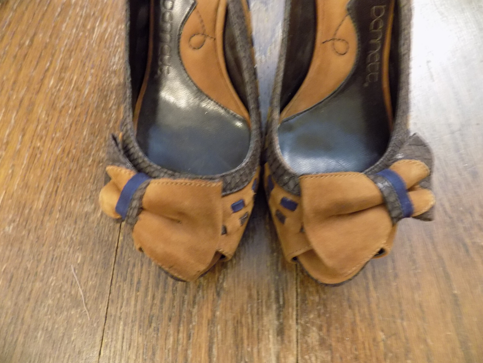 Jessica Bennett rust Brown Suede Pumps Slingback Peep Bow Toe Woven Snake sz 5.5