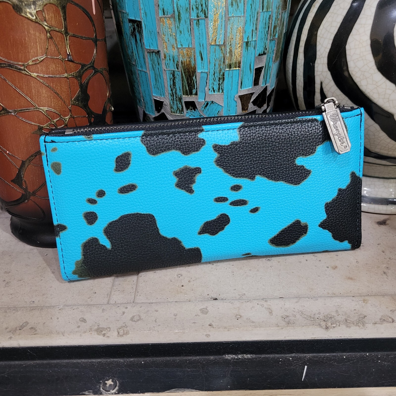 Wrangler Women’s Cow Print Bi-Fold Wallet Turquoise And Black 7.5 X 3.5 Inches
