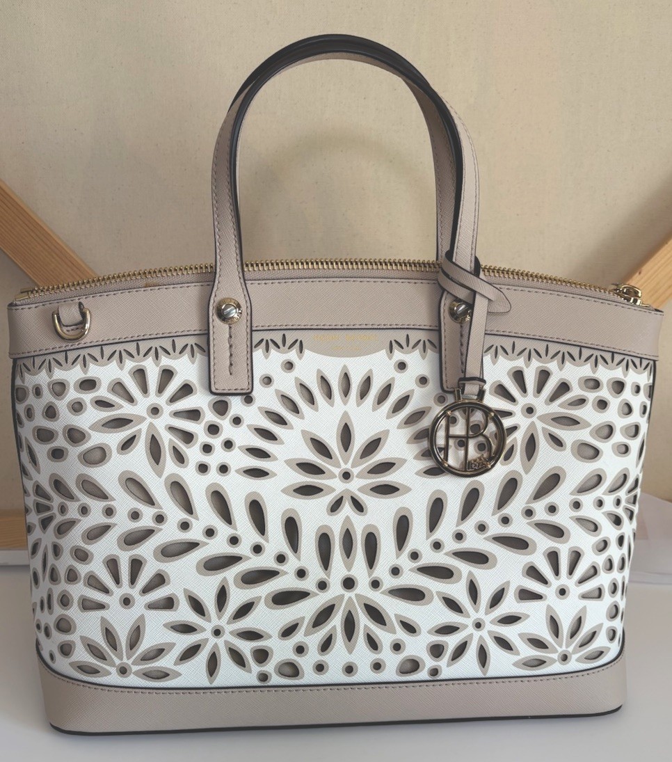Henri Bendel Floral Cutout Satchel Top Handle Beige/Ivory w/ Strap