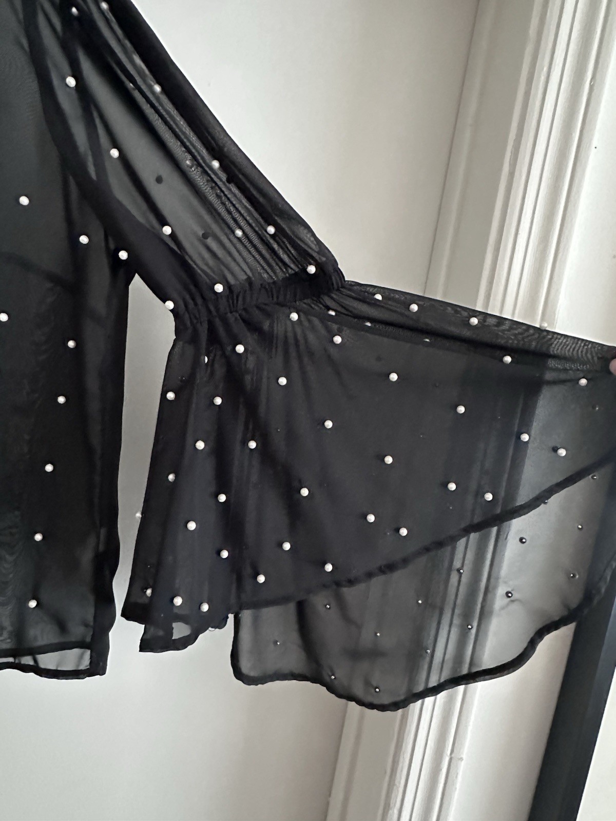 ELOQUII Plus 18 Black/White Sheer Polka Dot Chiffon Ruffle High Neck Blouse