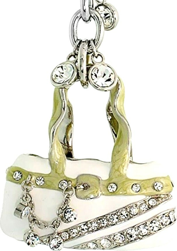 White Purse Handbag Key Chain Crystal Key Ring 4 inches Long 33mm Round