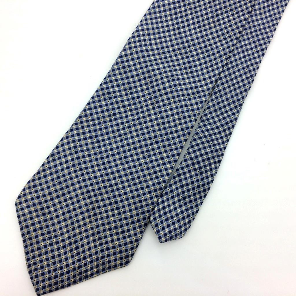 Perry Ellis Usa Tie Plaid Check Micro Dots Lattice Necktie Blue White#I24 Vtg