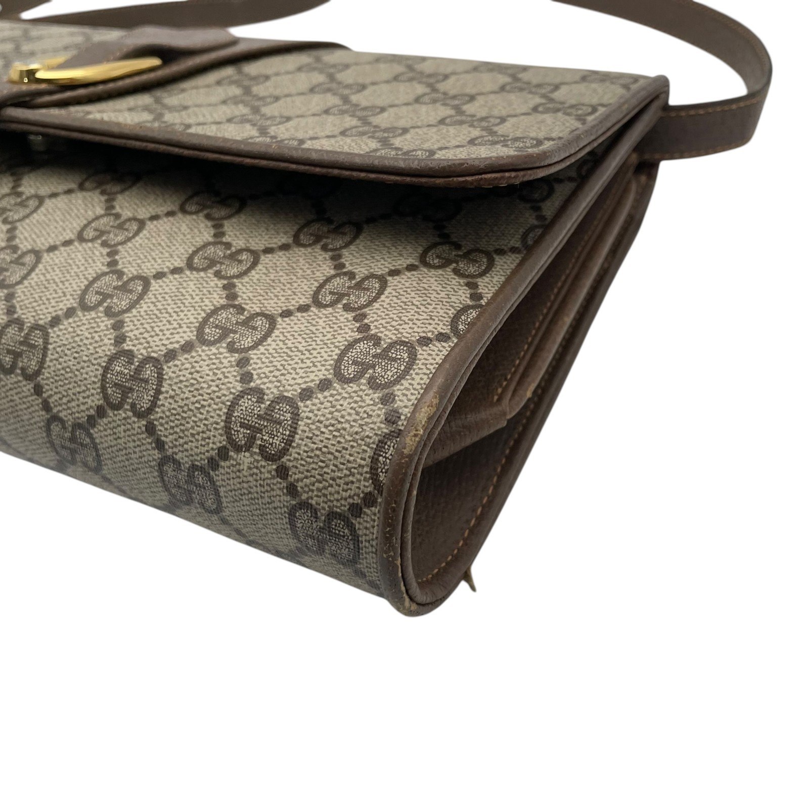 Authentic GUCCI GG Plus PVC Leather Shoulder Bag Messenger Grey Brown Gold