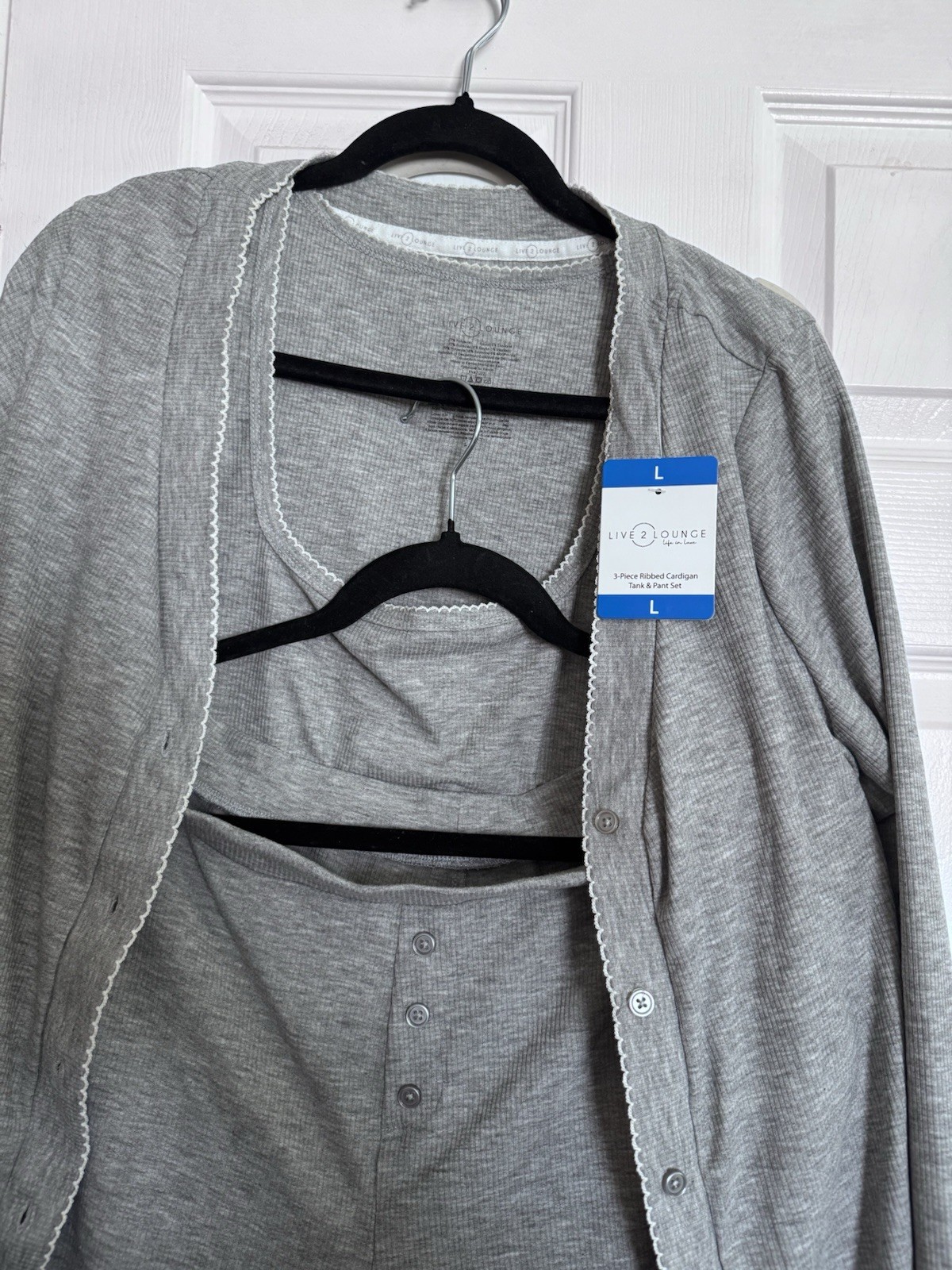 Live 2 Lounge 3-Piece Ribbed Button Lightweight Pajama Set Gray Women L