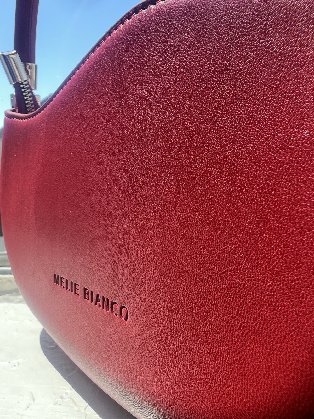 Melie Bianco Red Crescent Top Handle Bag Solid Gold Hardware Zip Closure Cross