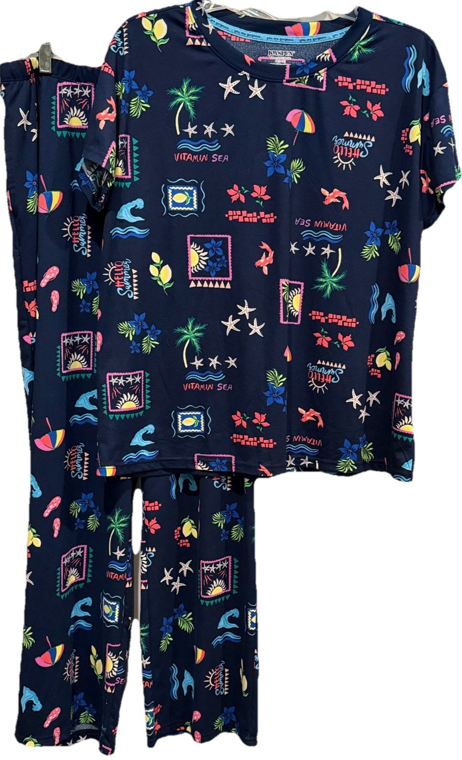 NWT Joyspun Dreamy Soft Pajama Set Medium Tropical Blue Pockets Loungewear