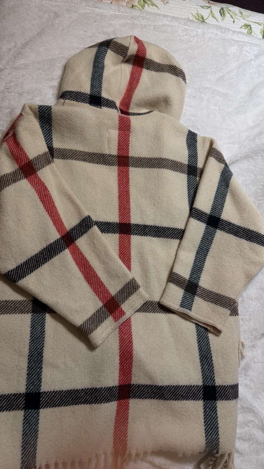 Vintage Floriane France Wool Cape Coat Women XXS XS Plaid Hood Fringe 85% Wool