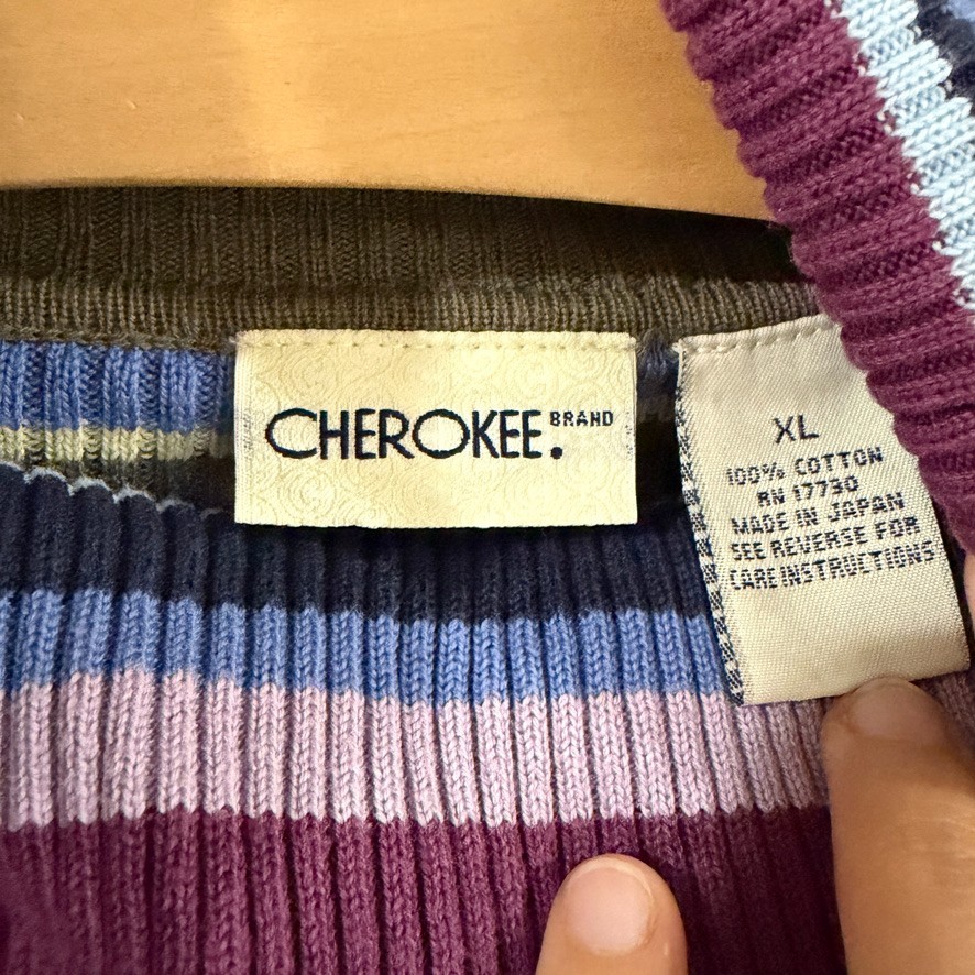 VTG Cherokee Sweater Sz XL Purple Brown Striped Turtleneck Ribbed Cotton 00s 90s