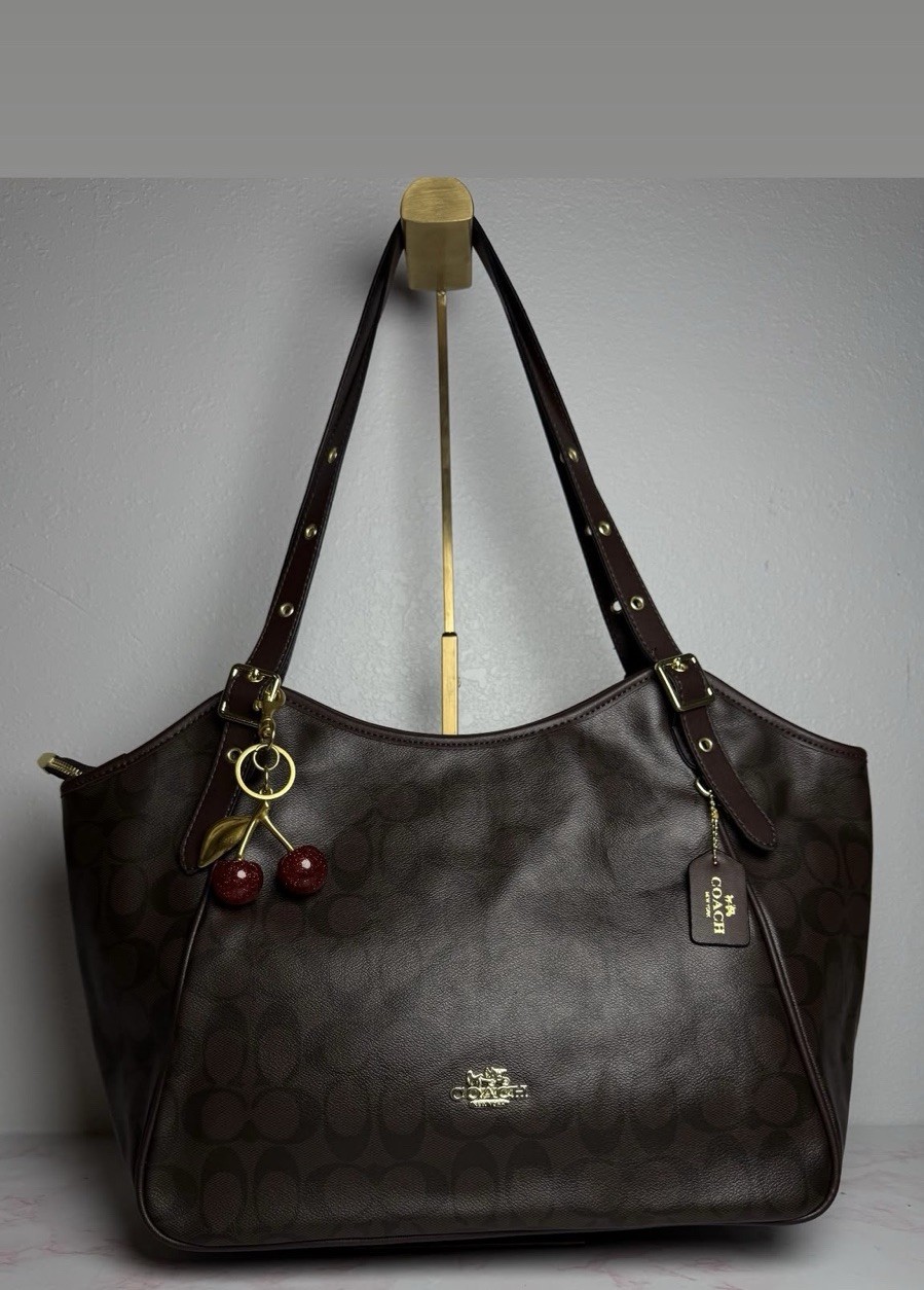 Coach Signature Logo Brown Tote Shoulder Bag Gold Hardware w/Cherry Charm