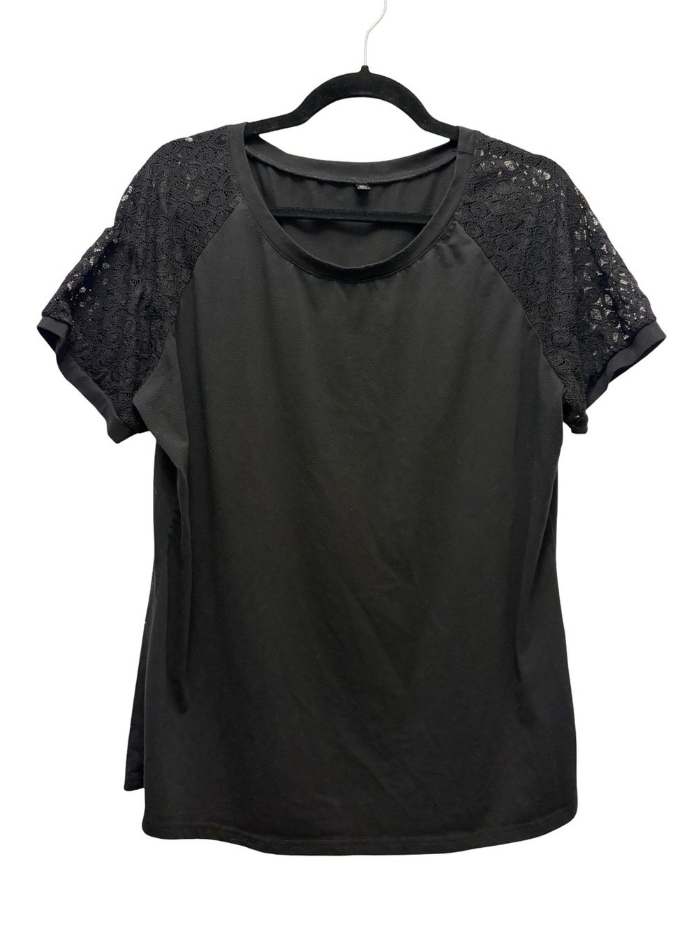 Solid Black Lace Sleeve Short Sleeve Shirt Top Women’s XL Knit Blouse Casual