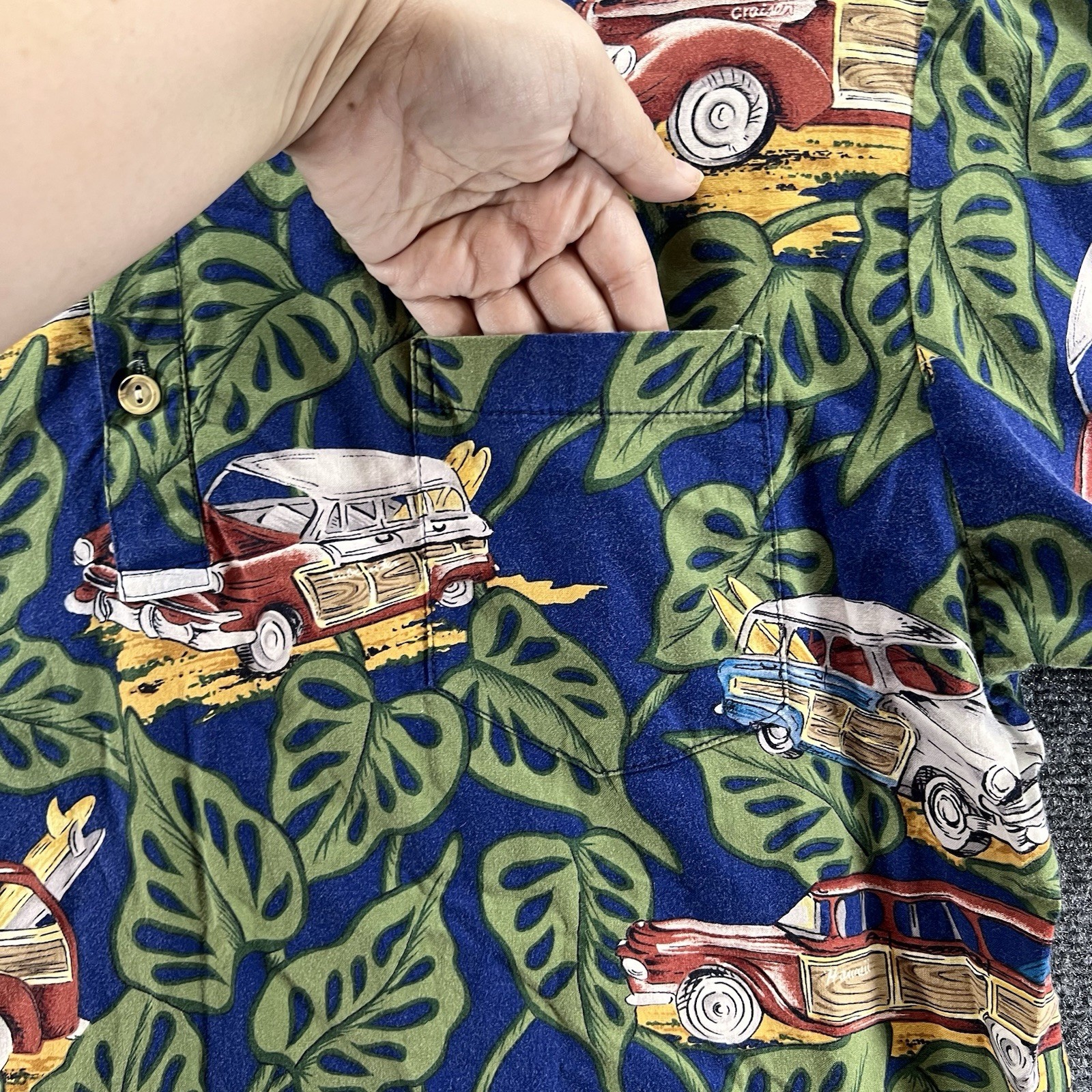 VTG 90s Kalaheo Hawaiian Aloha Classic Cars Shirt Mens Large Black Tropical Tiki