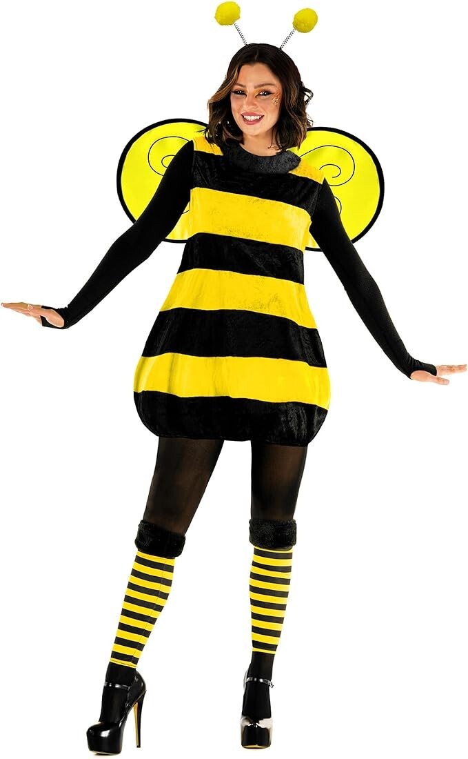 Women`s Bumblebee Costume Adult Bumble Honey Queen Bee Dress + Leg Warmers S-2XL