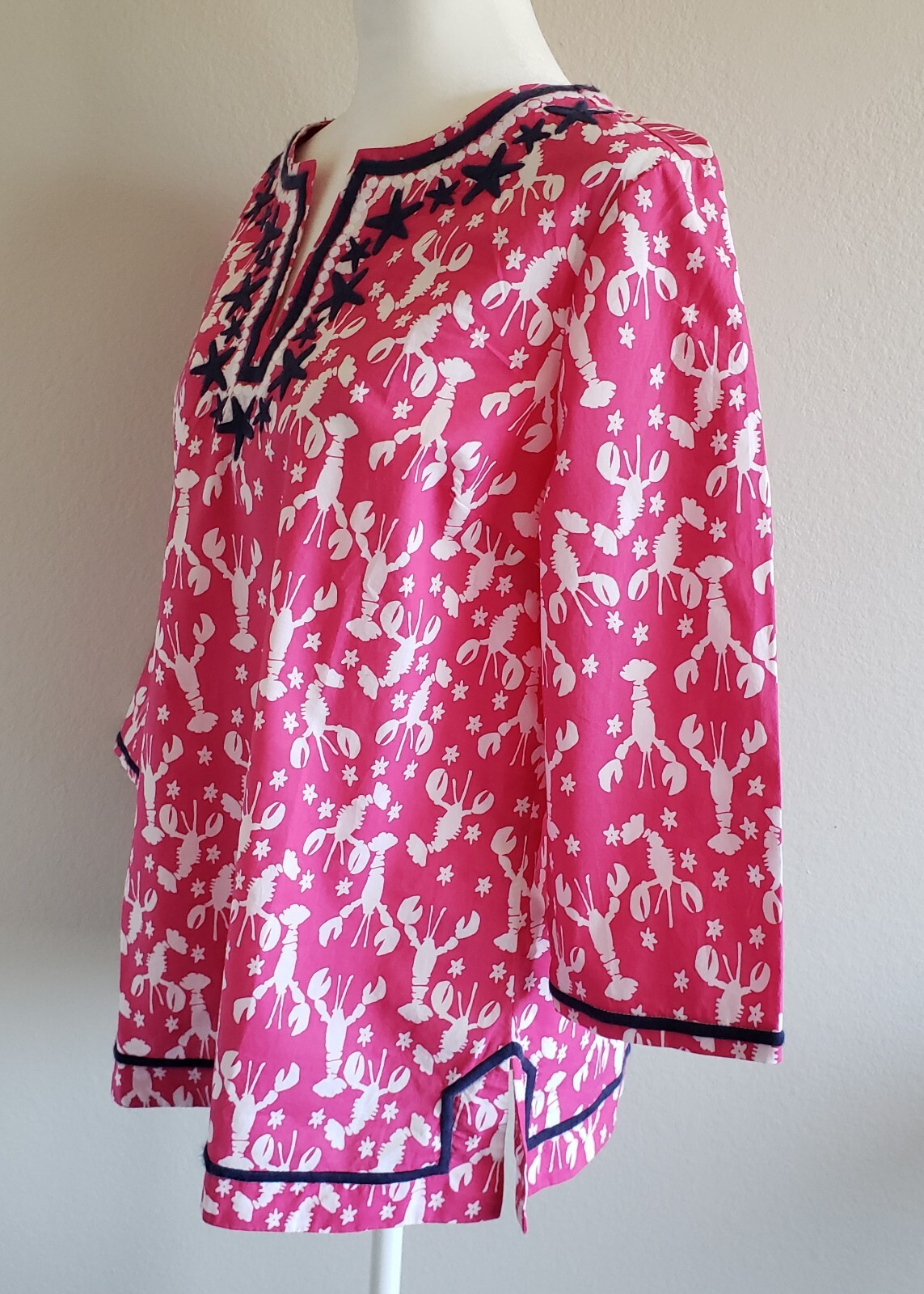 TALBOTS Blouse Top Size M Petite Lobster Starfish Cotton Pullover Coastal Beach