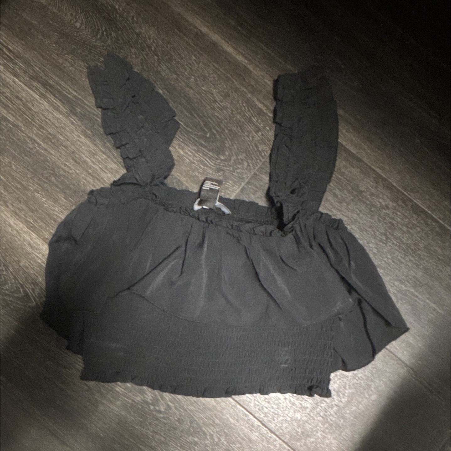 Women’s Black Solid Smocked Ruffle Sleeveless Pullover Crop Tank Top