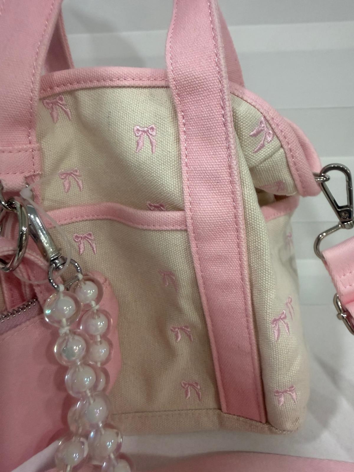 Madden Girl Mini Tote Pink Canvas Bow Bag with Charm & Pouch women